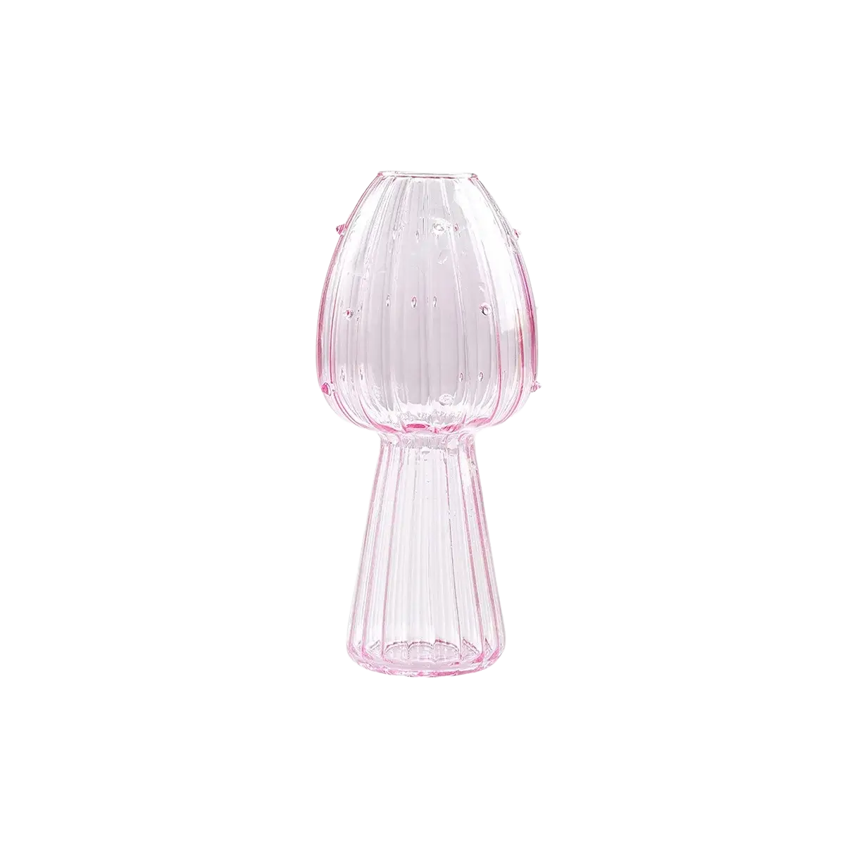 Translucent pink glass mushroom bud vase with vertical ridges and decorative dots colorful nordic plant holder
