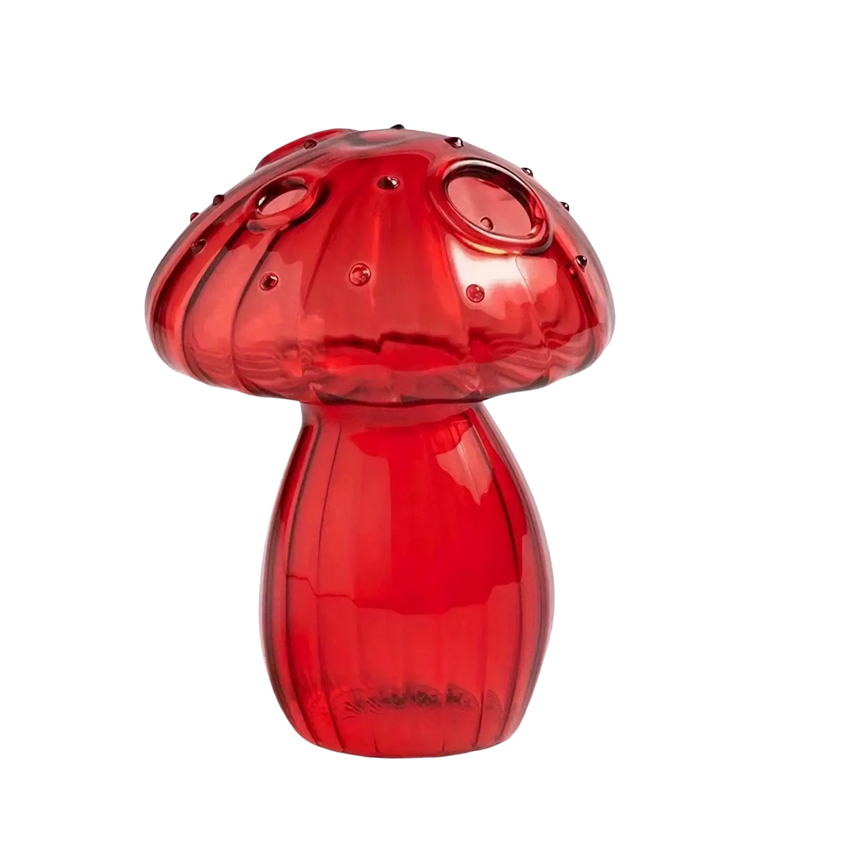 Vibrant red glass mushroom-shaped bud vase with glossy finish and detailed ridges for colorful nordic plant display