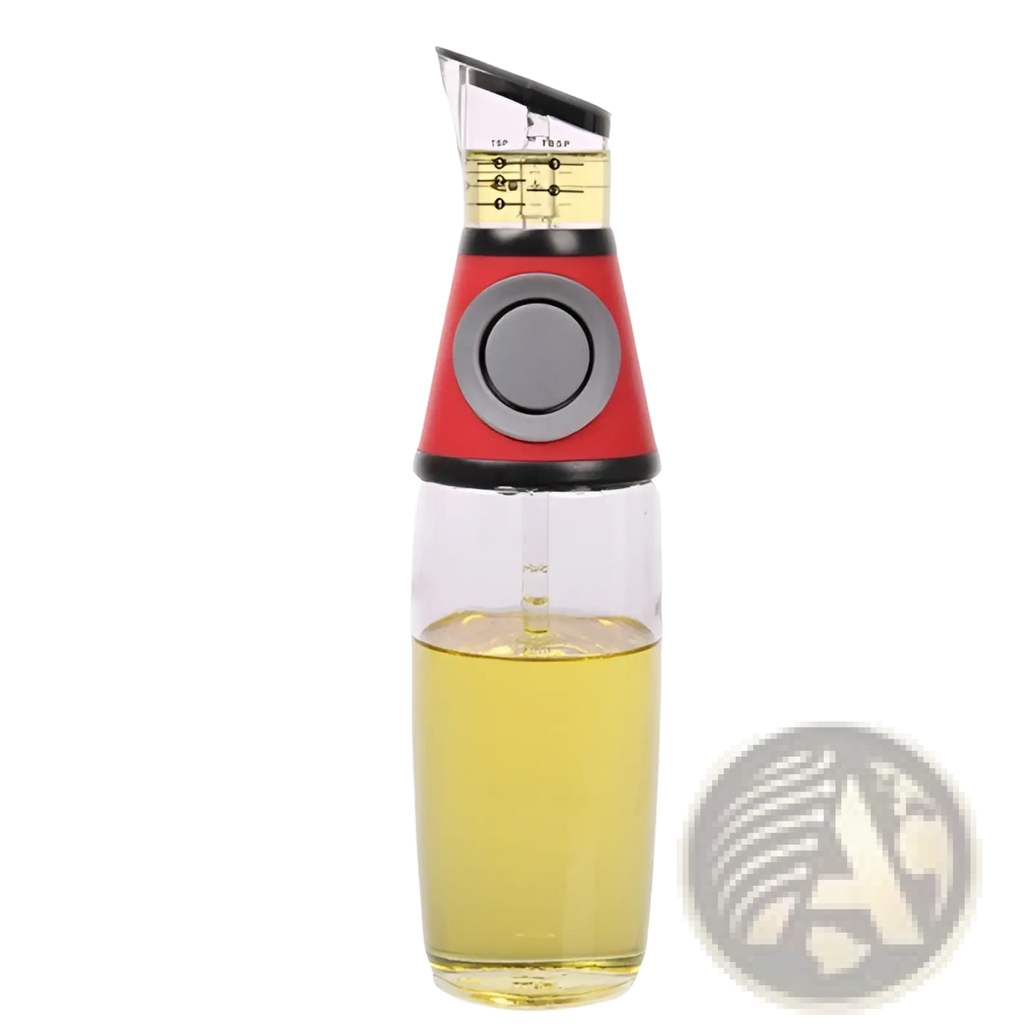 Glass oil dispenser with precision measuring cup featuring a clear glass body and red and black measuring top