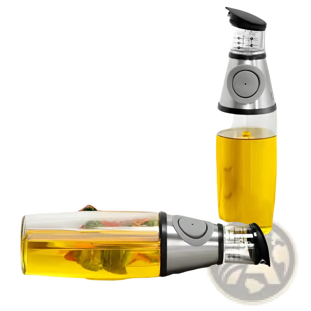 Glass oil dispenser with precision measuring cup in silver and black featuring a transparent body and built-in pourer mechanism
