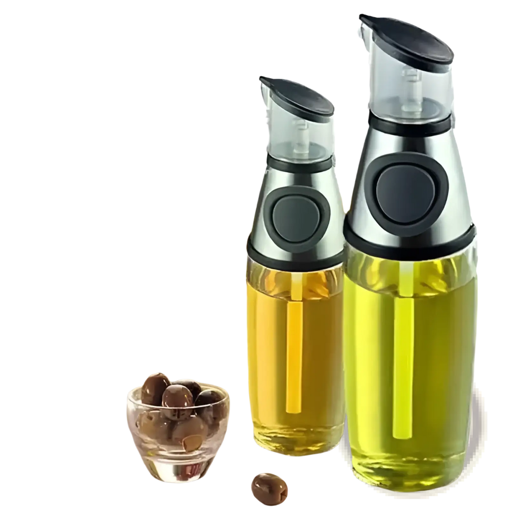 Two transparent glass oil dispensers with black pumps and silver accents filled with golden-yellow olive oil for precise pouring