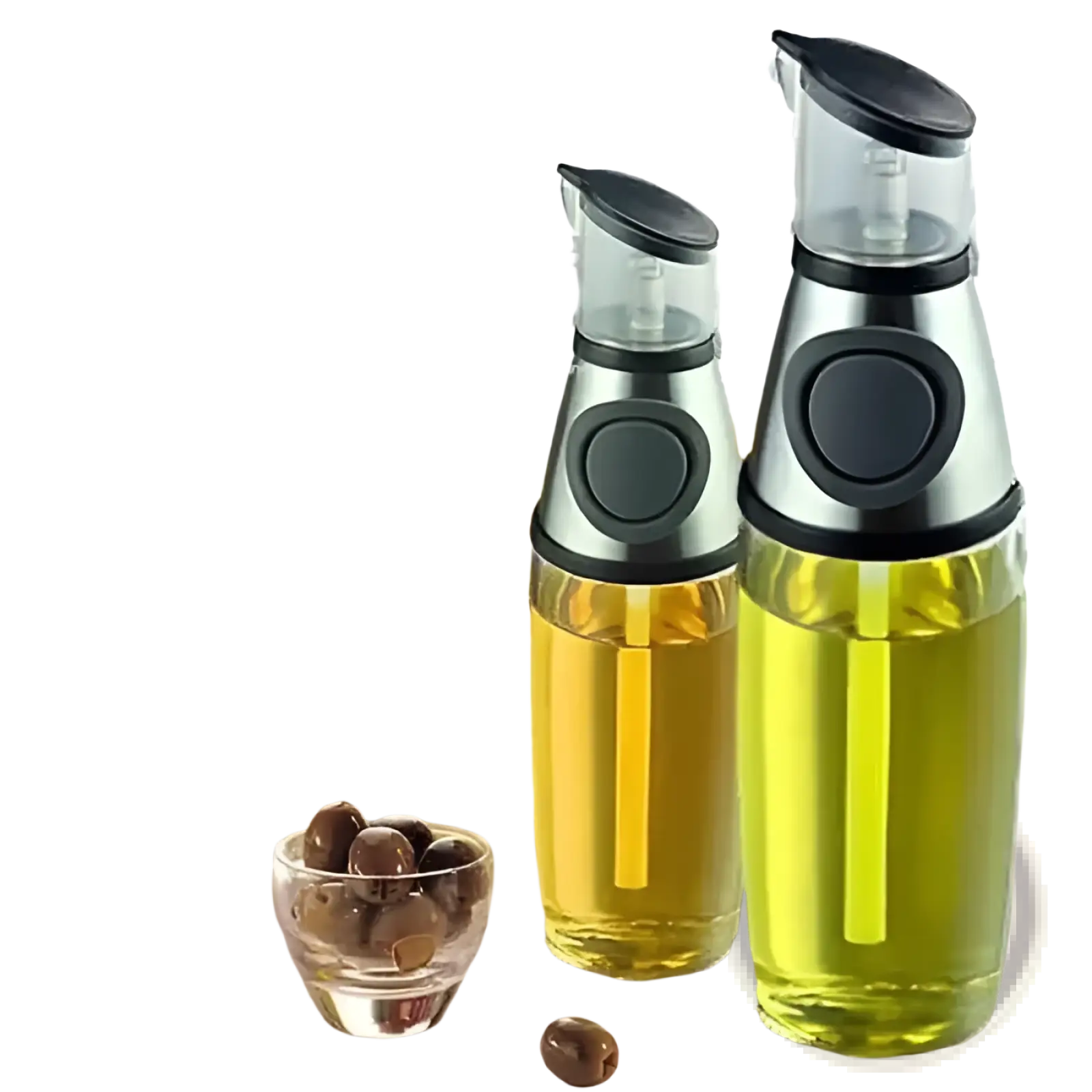 Two transparent glass oil dispensers with black pumps and silver accents filled with golden-yellow olive oil for precise pouring