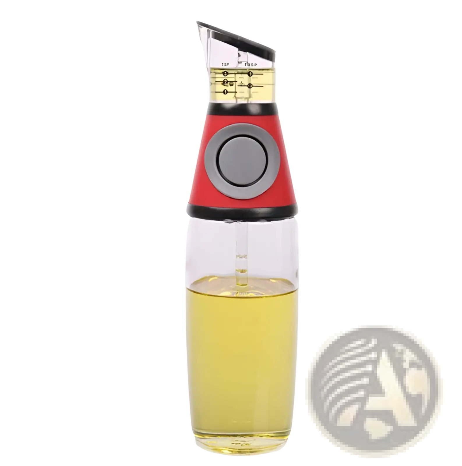 Glass oil dispenser with precision measuring cup featuring red and black lid and clear glass body for accurate pouring