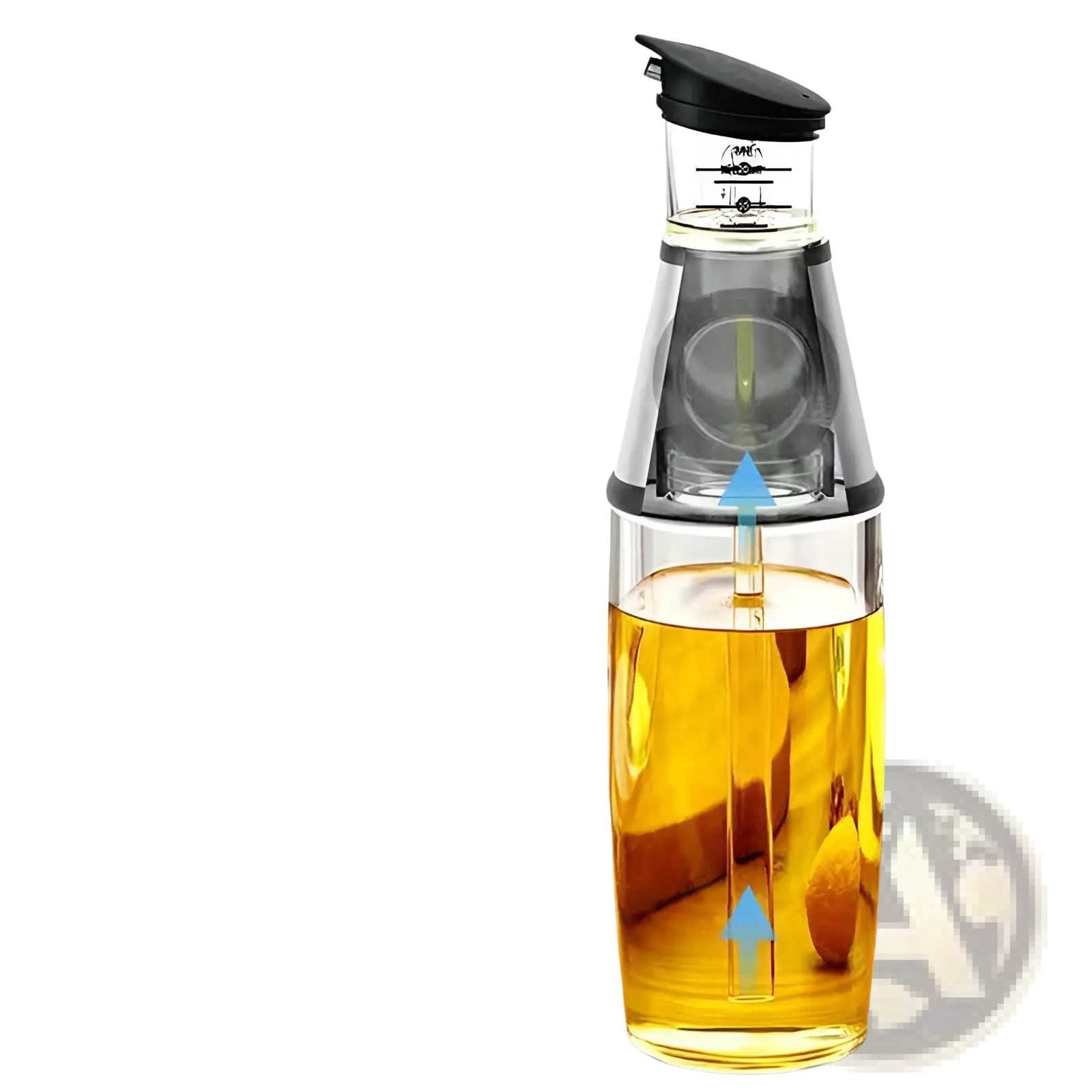 Glass oil dispenser with precision measuring cup features clear glass body black lid and built-in pourer mechanism