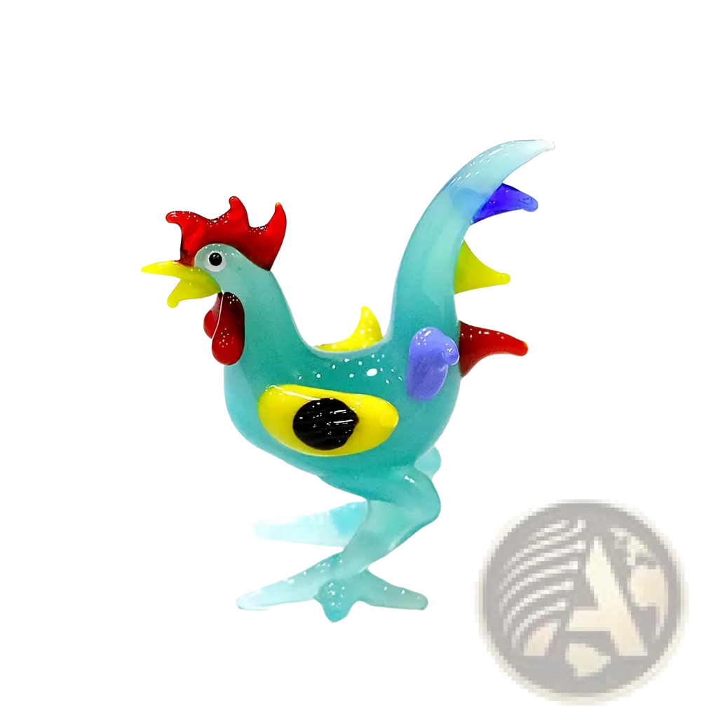 Glass rooster miniature figurine Easter ornament in translucent turquoise glass with red, yellow, purple, and black accents