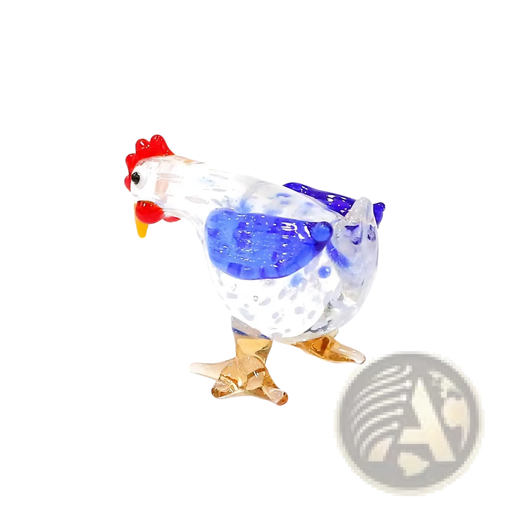 Glass rooster miniature figurine Easter ornament with translucent white speckled glass body and red comb details