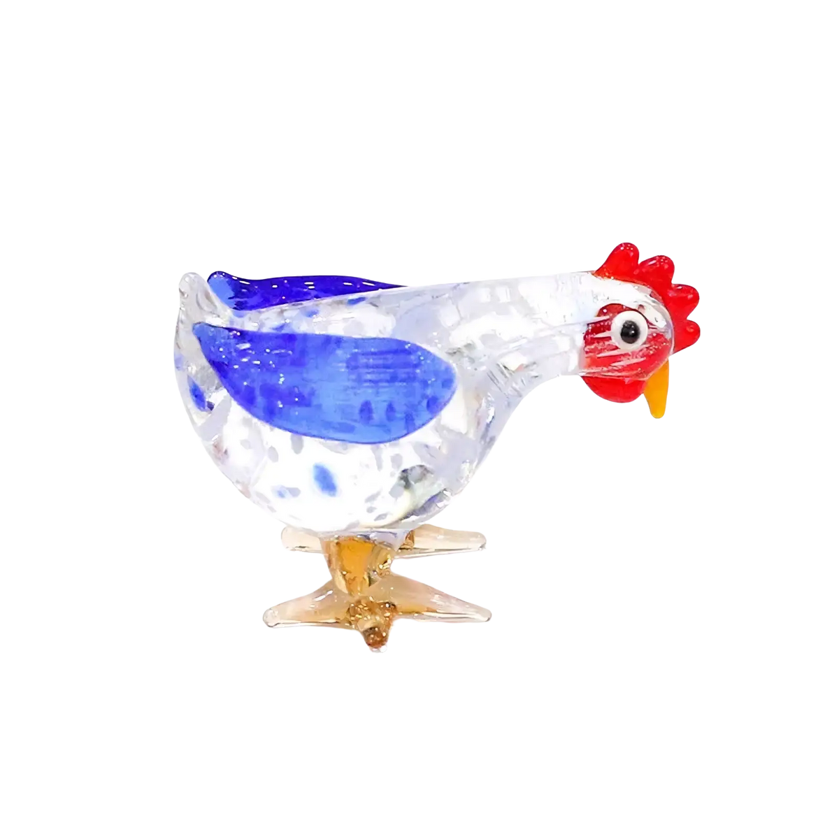 Glass rooster miniature figurine Easter ornament made of translucent glass with vibrant blue wing, red comb, and amber feet