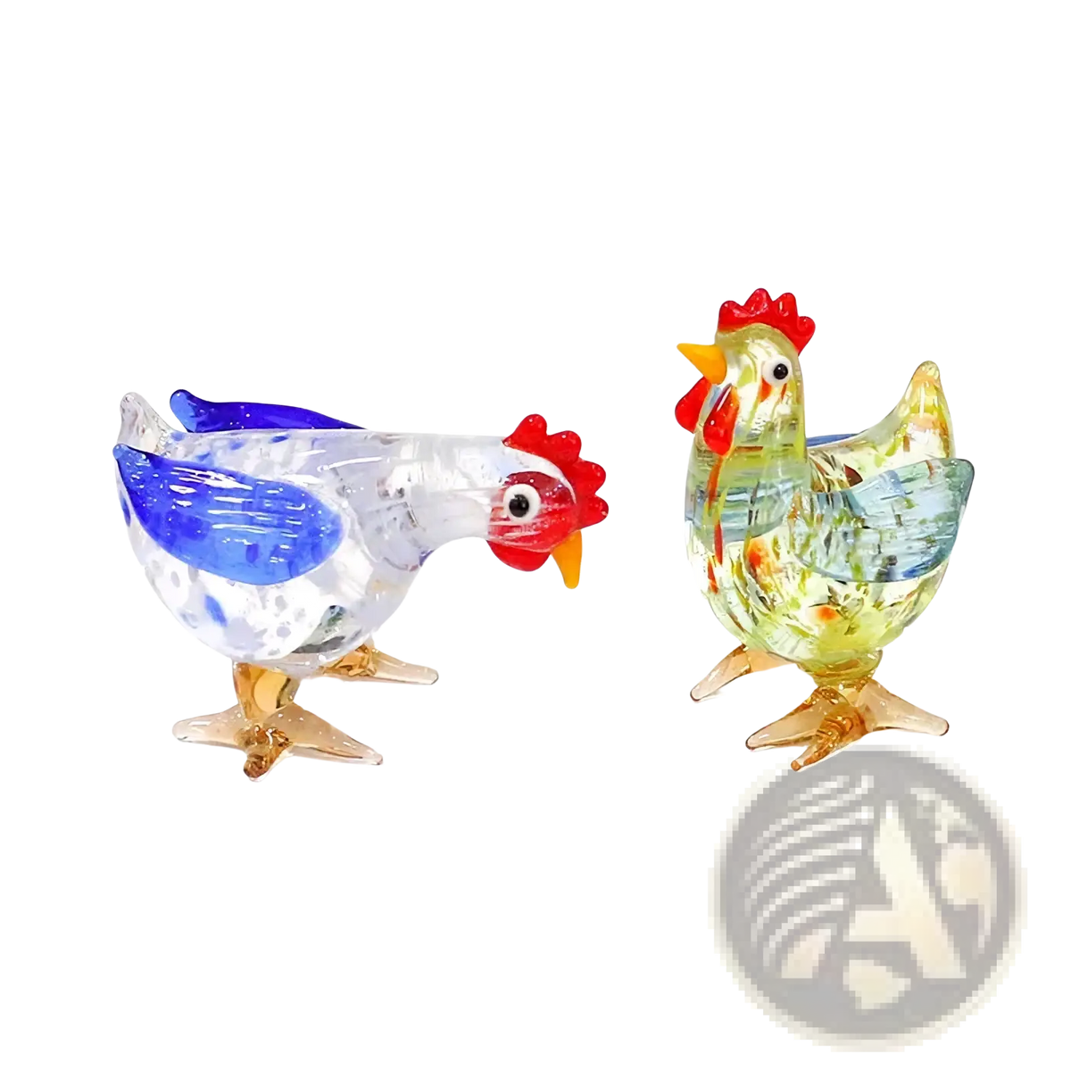 Two hand-blown glass rooster miniature figurines with vibrant blue and greenish-yellow colors for easter ornament use