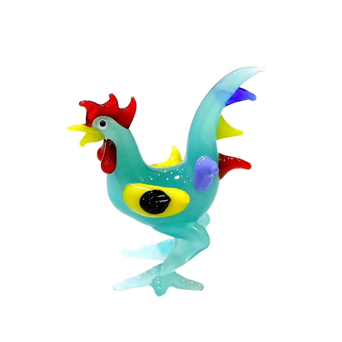 Vibrant turquoise glass rooster miniature figurine with red comb yellow beak and purple wing accents Easter ornament
