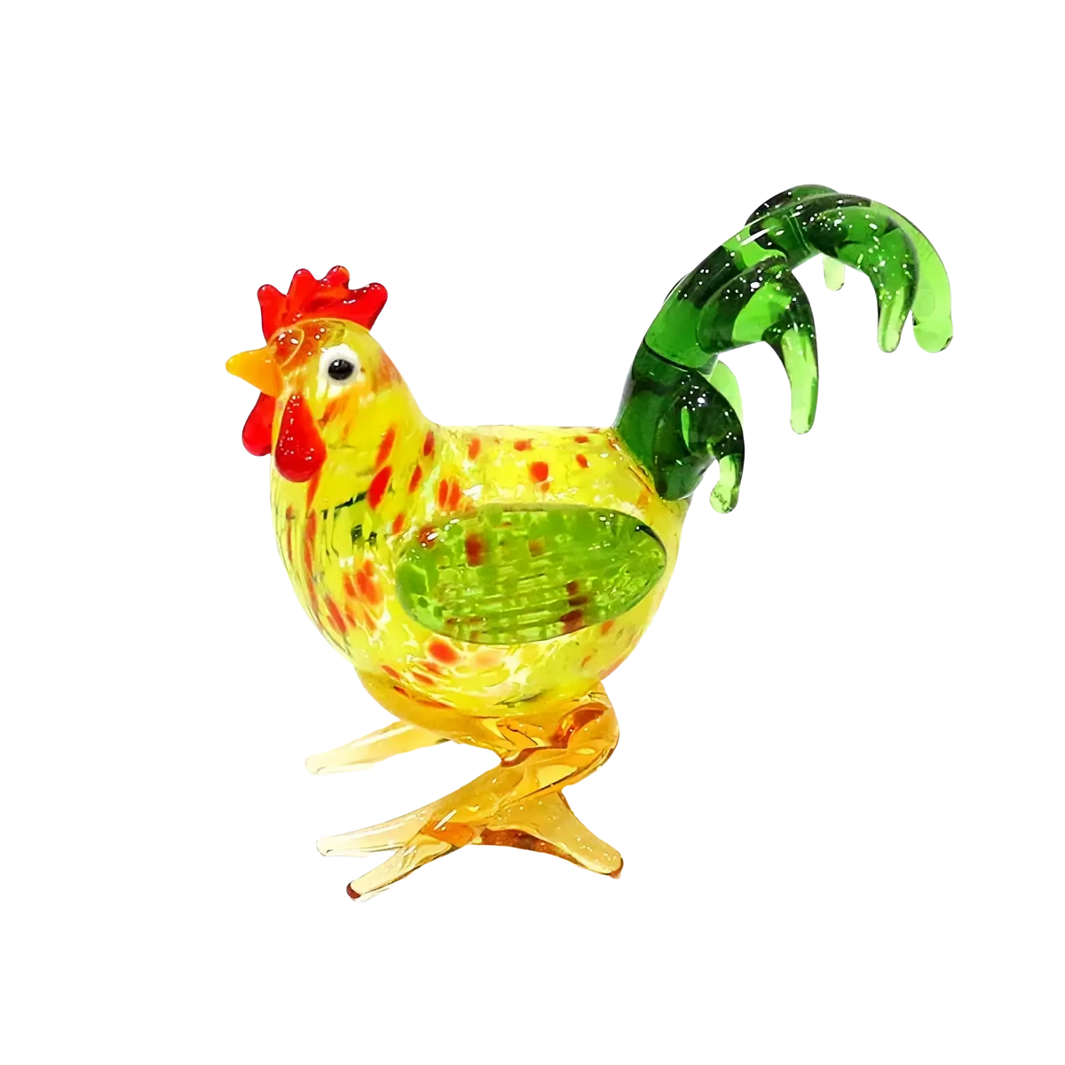 Vibrant yellow glass rooster miniature figurine with red comb green tail feathers and orange legs for Easter ornament