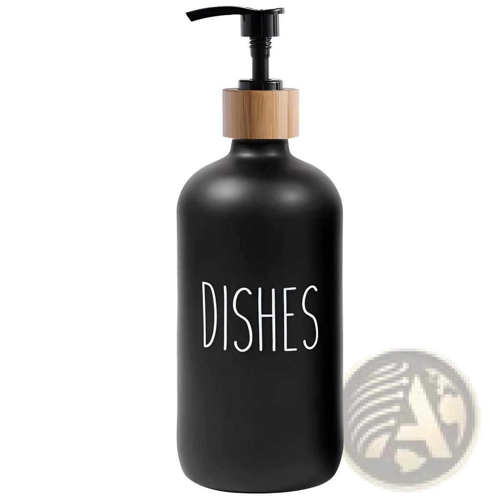 Black matte glass soap dispenser with bamboo pump and dishes label in a glass soap dispenser set with bamboo tray