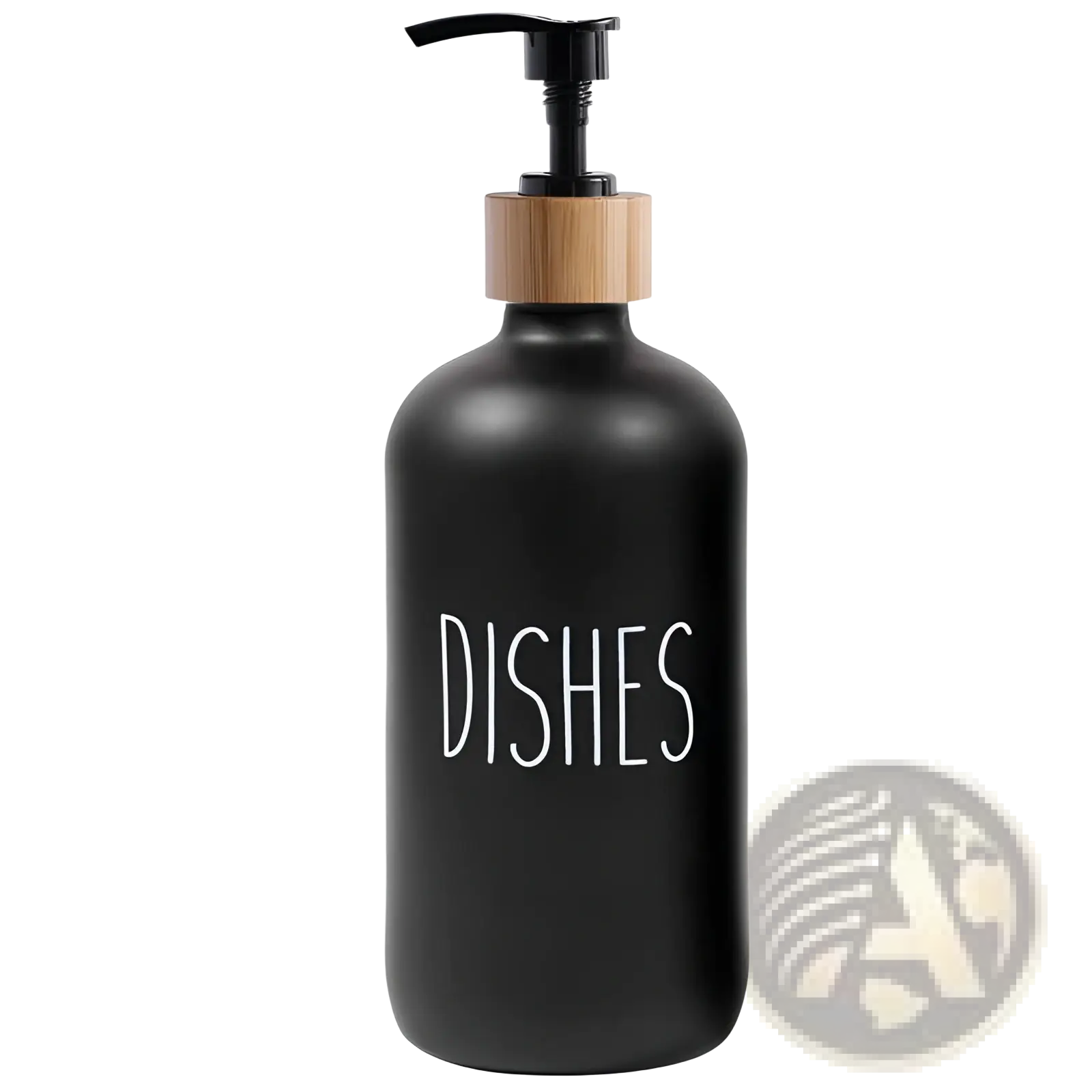 Black matte glass soap dispenser with bamboo pump and dishes label in a glass soap dispenser set with bamboo tray