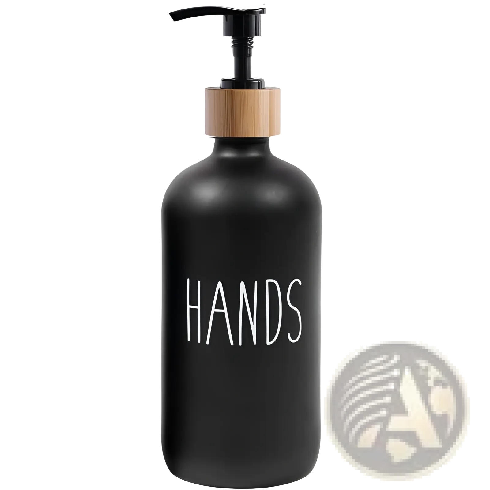 Black matte finish glass soap dispenser set with bamboo textured pump top and hands lettering on front
