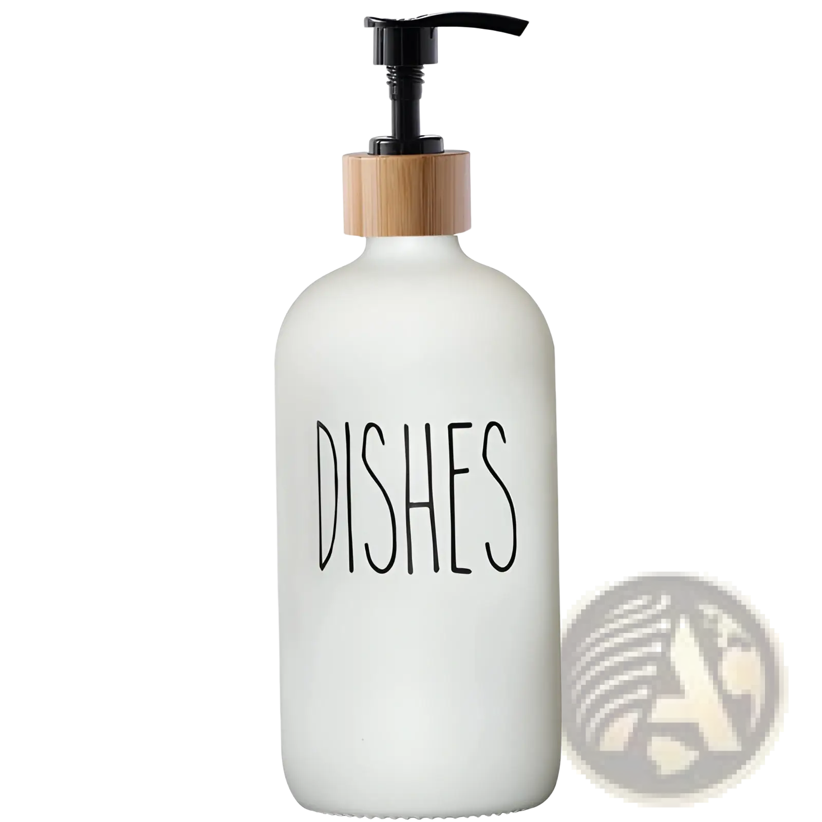 White frosted glass soap dispenser with black pump and light wood collar labeled dishes in glass soap dispenser set with bamboo tray