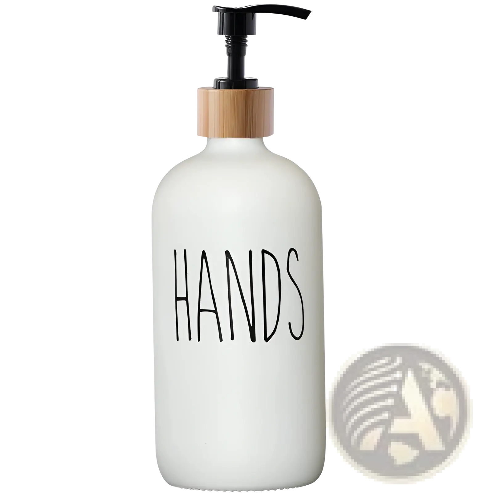 Glass soap dispenser set with bamboo tray featuring white frosted glass dispenser with bamboo pump and hands print