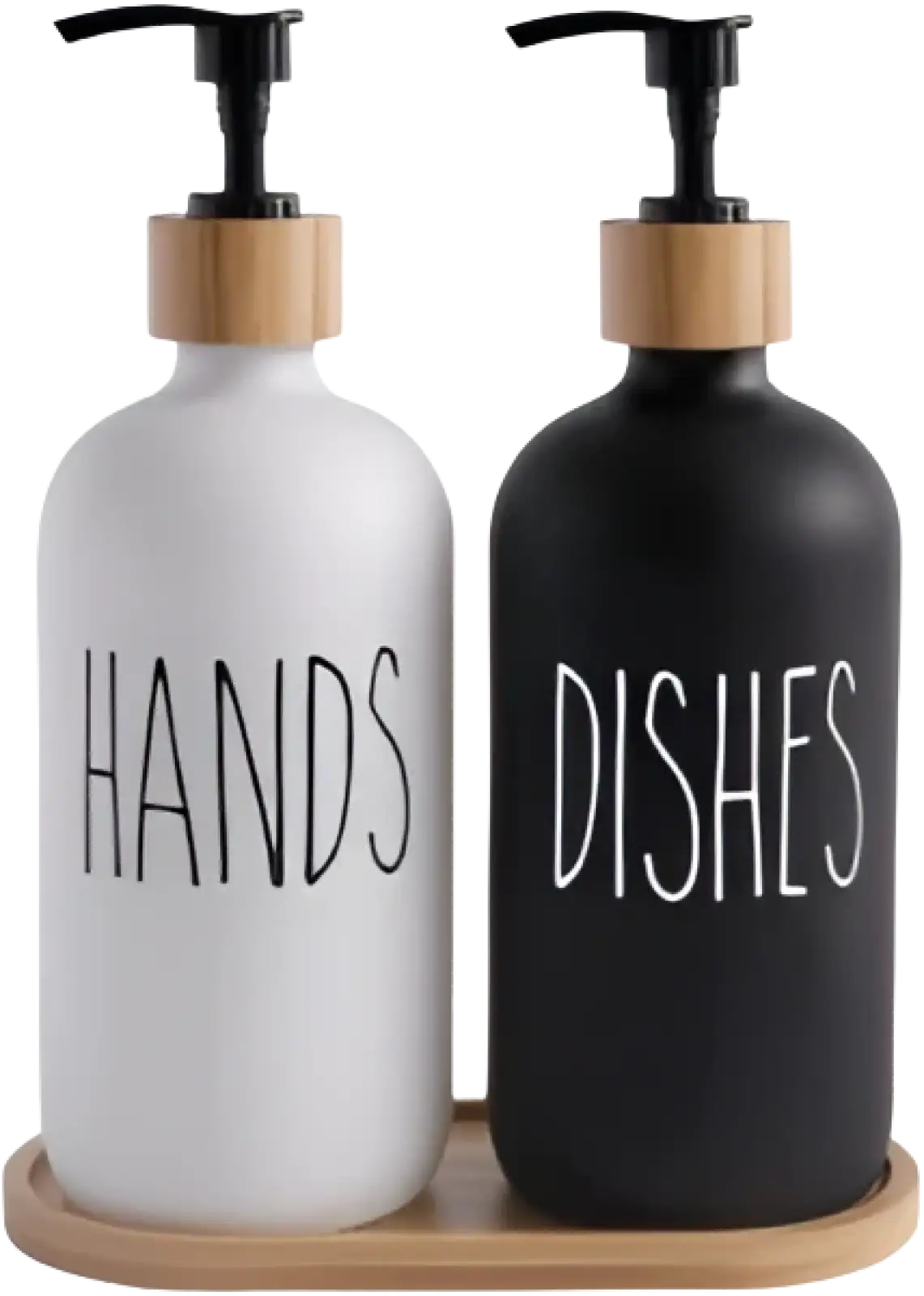 Glass soap dispenser set with white and black bottles, bamboo pump tops, labeled hands and dishes, modern farmhouse style