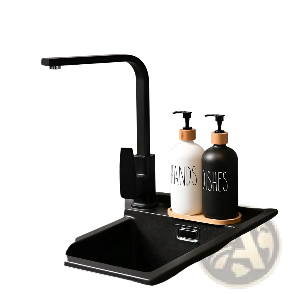Black matte-finish kitchen faucet with sleek modern design featured in glass soap dispenser set with bamboo tray