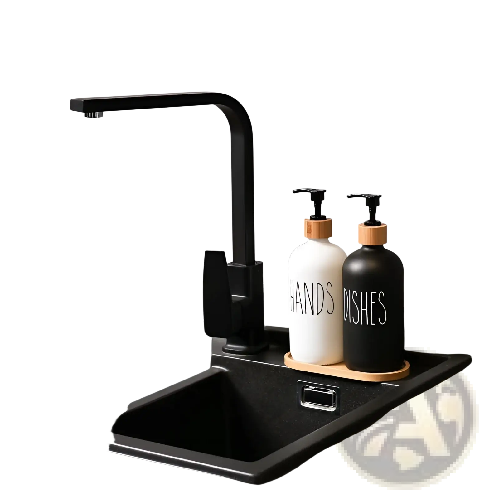 Black matte-finish kitchen faucet with sleek modern design featured in glass soap dispenser set with bamboo tray