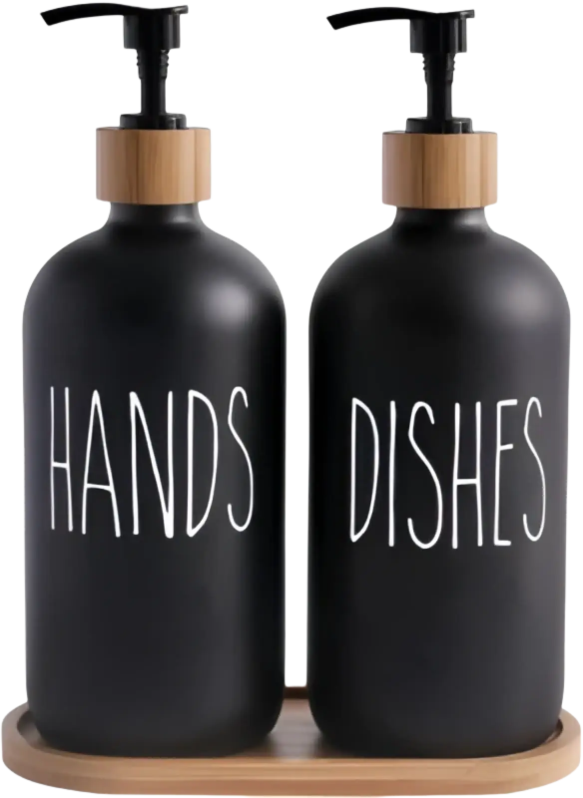 Glass soap dispenser set with black matte finish and bamboo pump tops on bamboo tray for bathroom or kitchen use