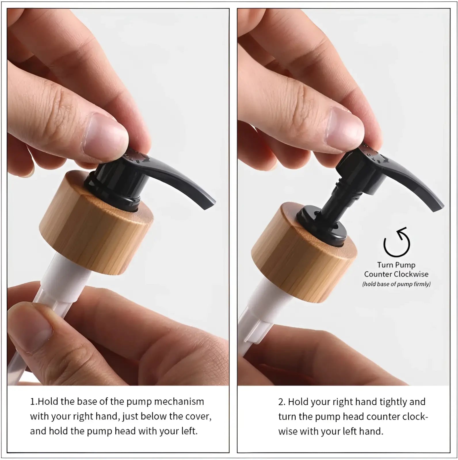 Glass soap dispenser set with bamboo tray featuring a bamboo-finished pump dispenser with black head and white body