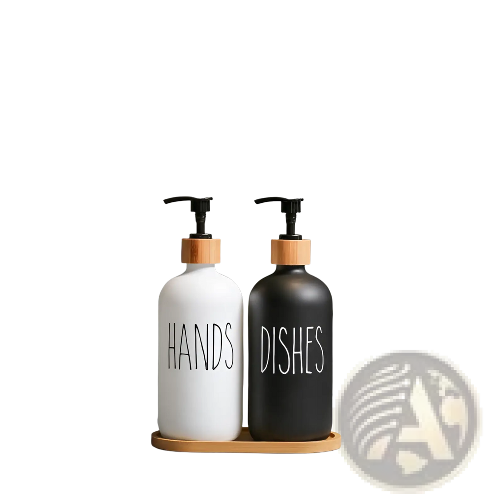 Glass soap dispenser set with white and black ceramic bottles labeled hands and dishes on bamboo tray with wooden pumps