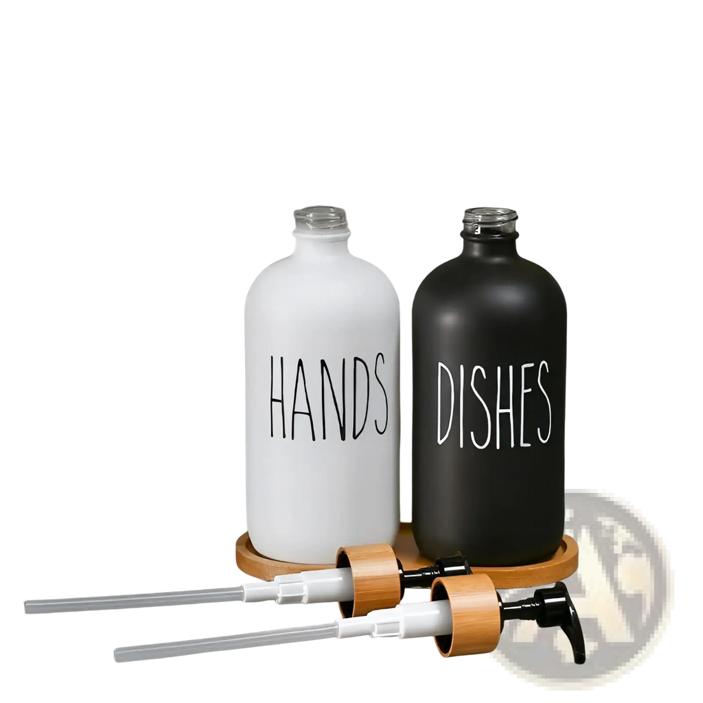 White and black frosted glass soap dispenser set with hands and dishes labels on bamboo tray for bathroom use