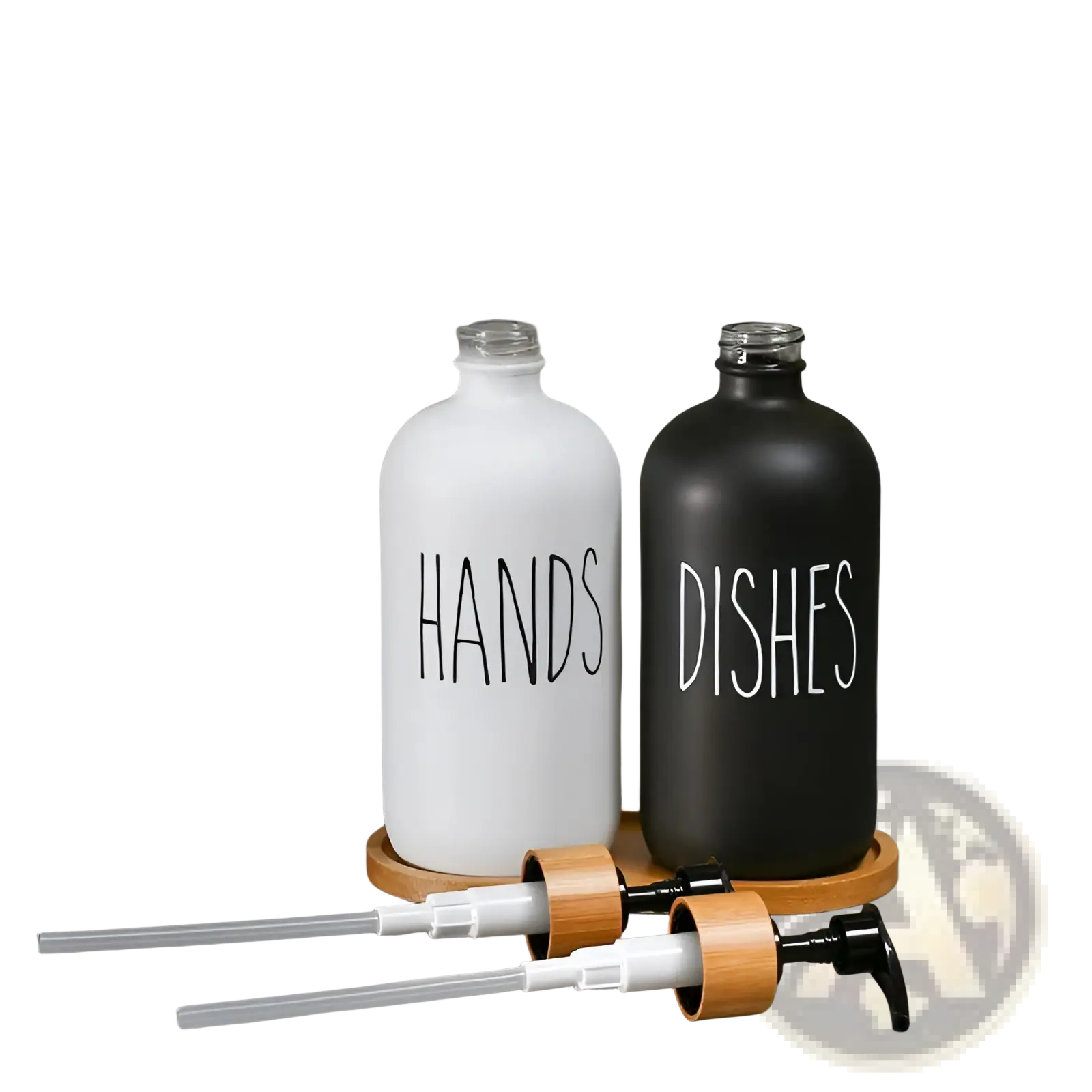 White and black frosted glass soap dispenser set with hands and dishes labels on bamboo tray for bathroom use