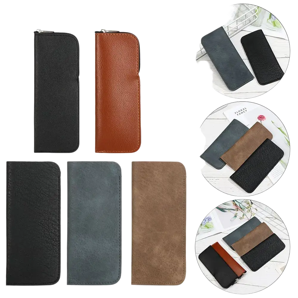 Black and brown leather glasses bag with zippered closure for secure eyewear accessories storage