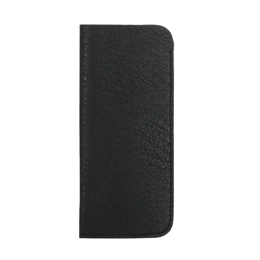 Black leather glasses bag with textured surface and stitched edges for durable eyewear accessories storage