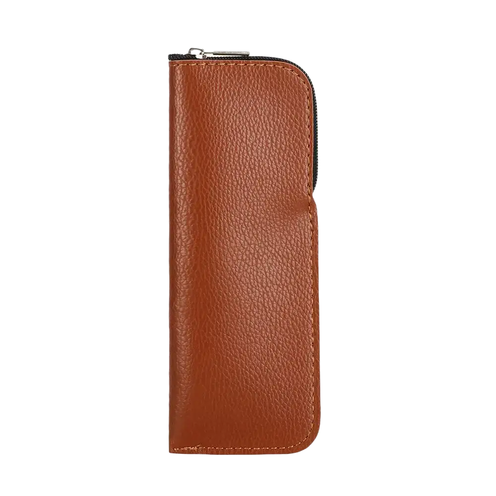 Brown leather glasses bag with textured surface and black zippered closure for durable eyewear accessories