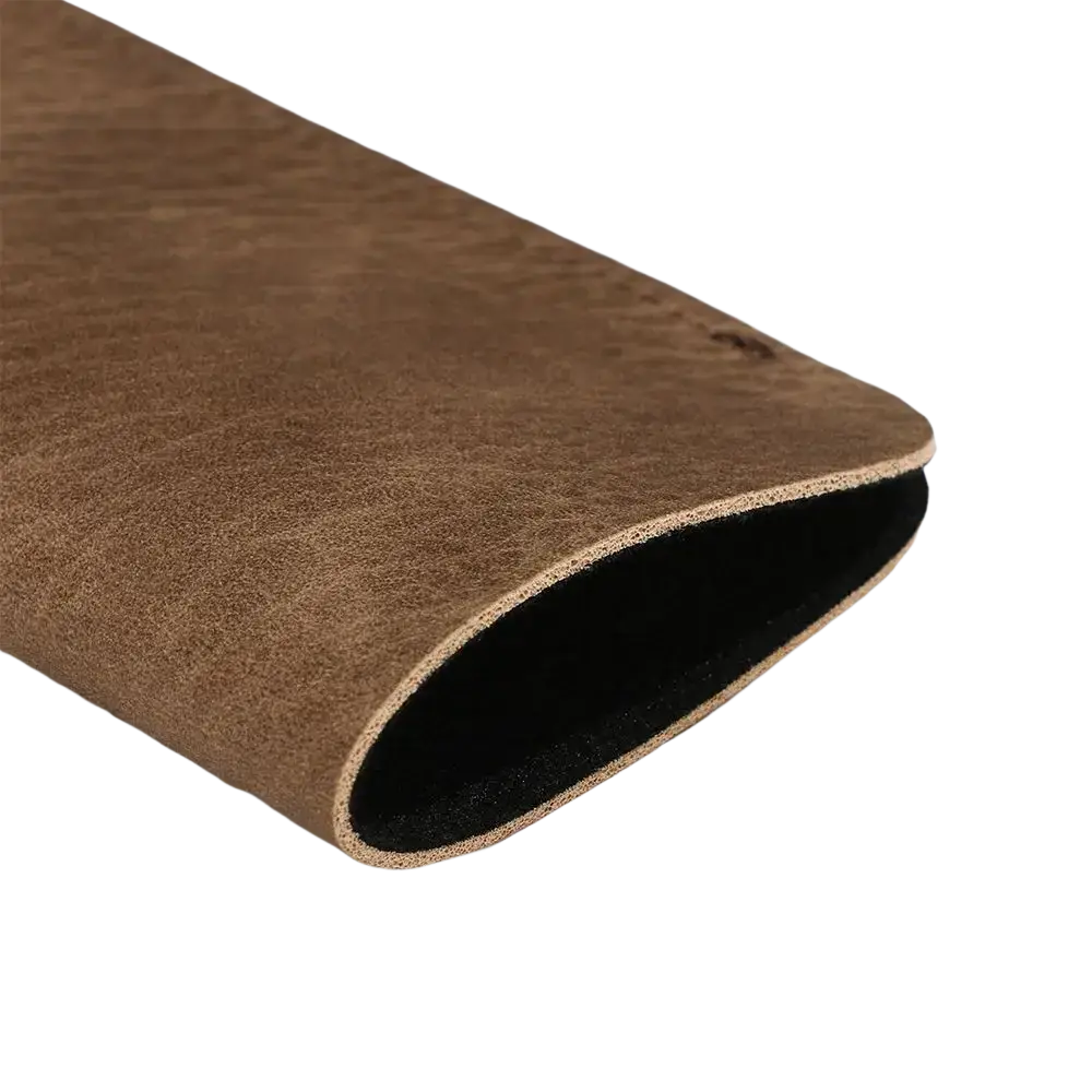 Brown leather zippered eyewear case with black interior lining for stylish glasses bag and eyewear accessories storage