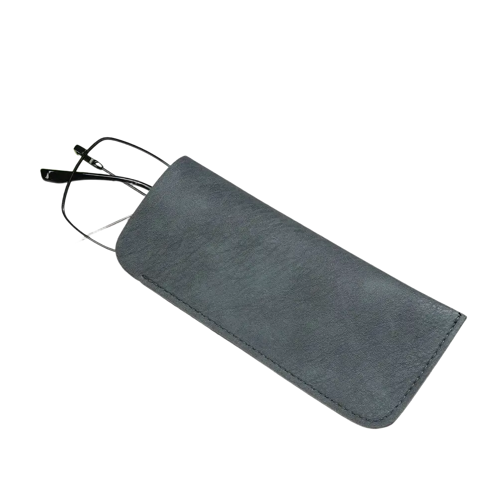 Dark gray suede glasses bag with black frame and nose pads leather zippered eyewear accessories case