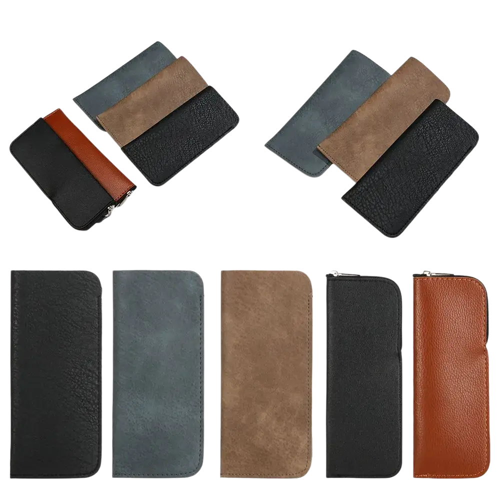 A sleek rectangular leather glasses bag in black gray brown or tan with zipper and stitched edges for eyewear accessories
