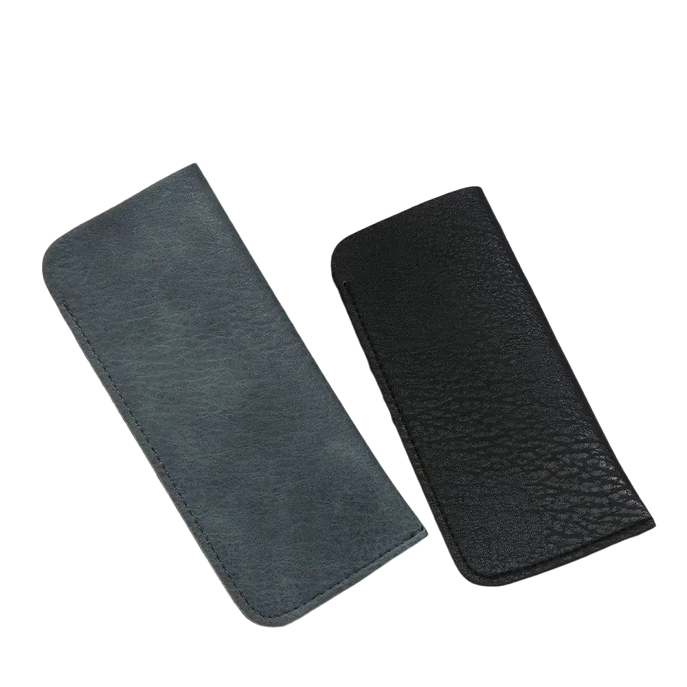 Two sleek dark gray and black leather glasses bags with zippered closures offering stylish eyewear accessories
