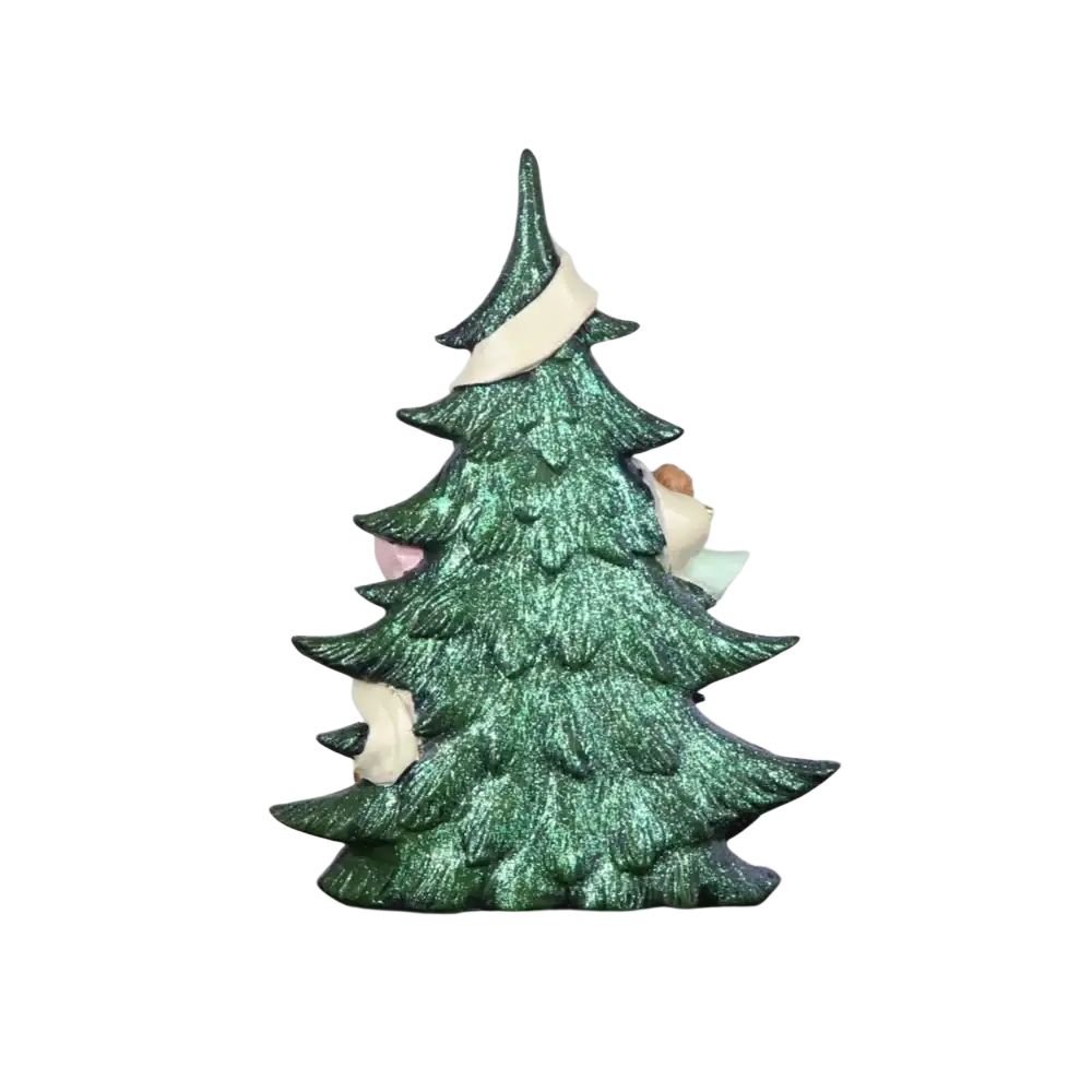 Glitter angel green resin Christmas tree figurine with glittery finish and cream ribbon wrapped around the top