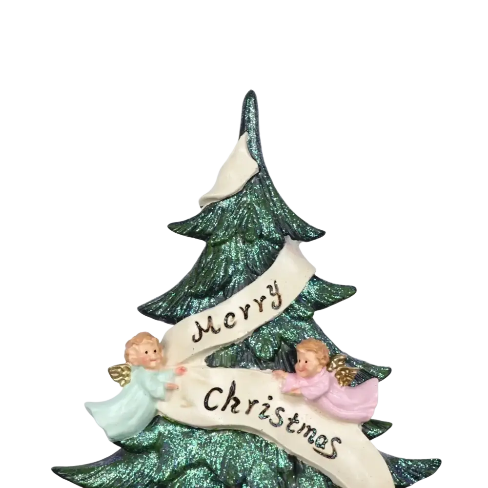 A glitter angel christmas tree resin figurine featuring a glittery green tree with two angels holding a merry christmas banner
