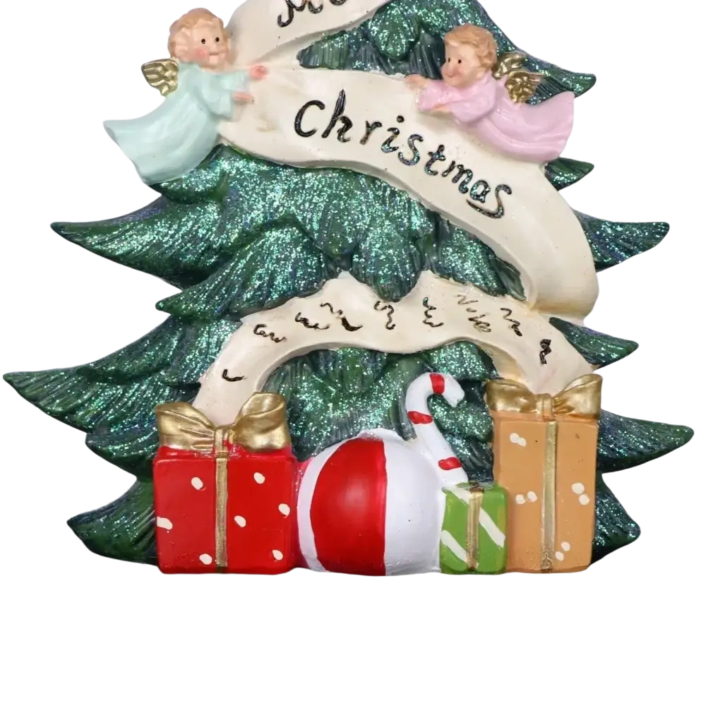 Glitter angel christmas tree resin figurine in green with two angels gifts candy cane and festive merry christmas banners