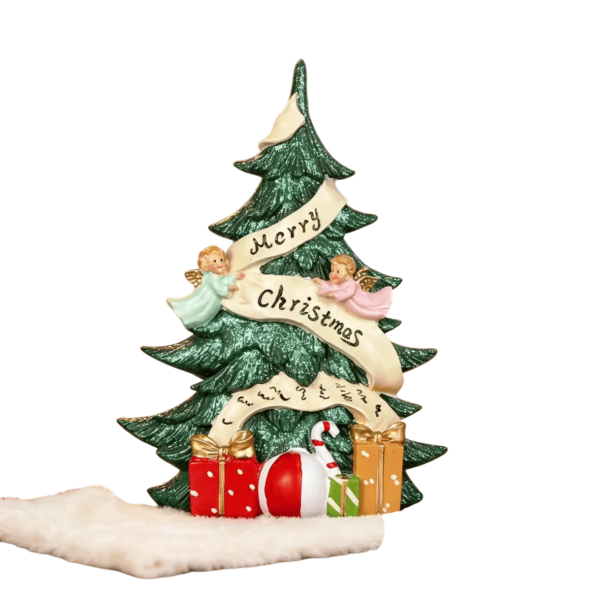 Green glittery resin angel Christmas tree ornament with two figurines holding merry Christmas banner and gift boxes