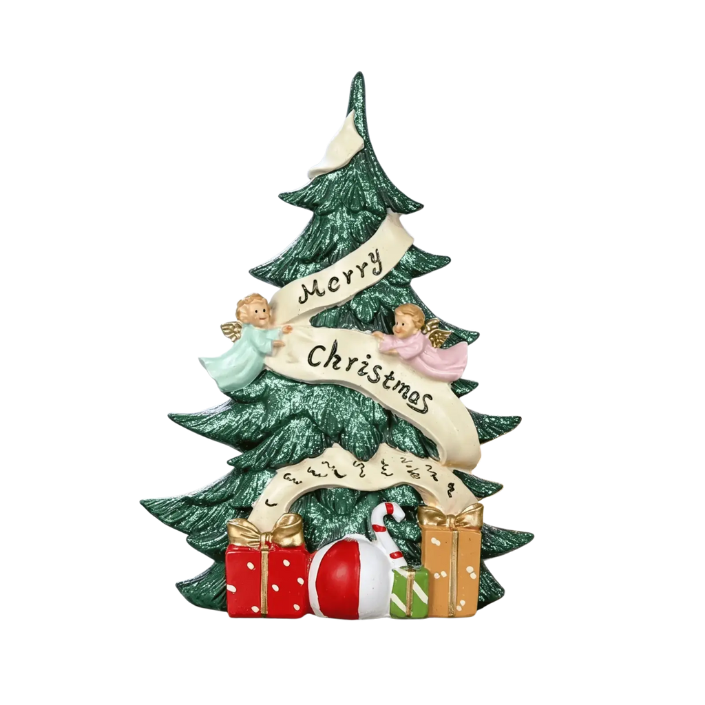 Green glittery resin christmas tree figurine with two angels holding merry christmas banner and gifts at base