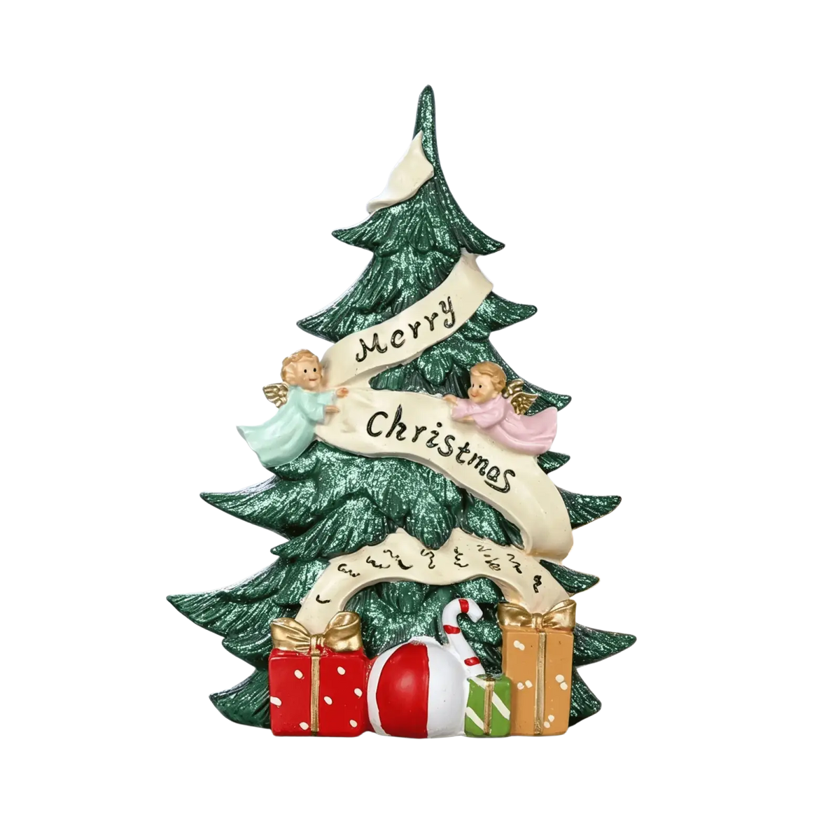 Green glittery resin christmas tree figurine with two angels holding merry christmas banner and gifts at base