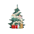 Green glittery resin angel christmas tree figurine with two angels holding merry christmas banner and gifts at base