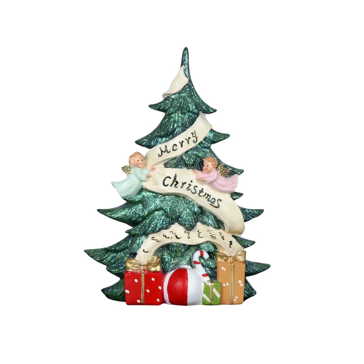 Green glittery resin angel christmas tree figurine with two angels holding merry christmas banner and gifts at base