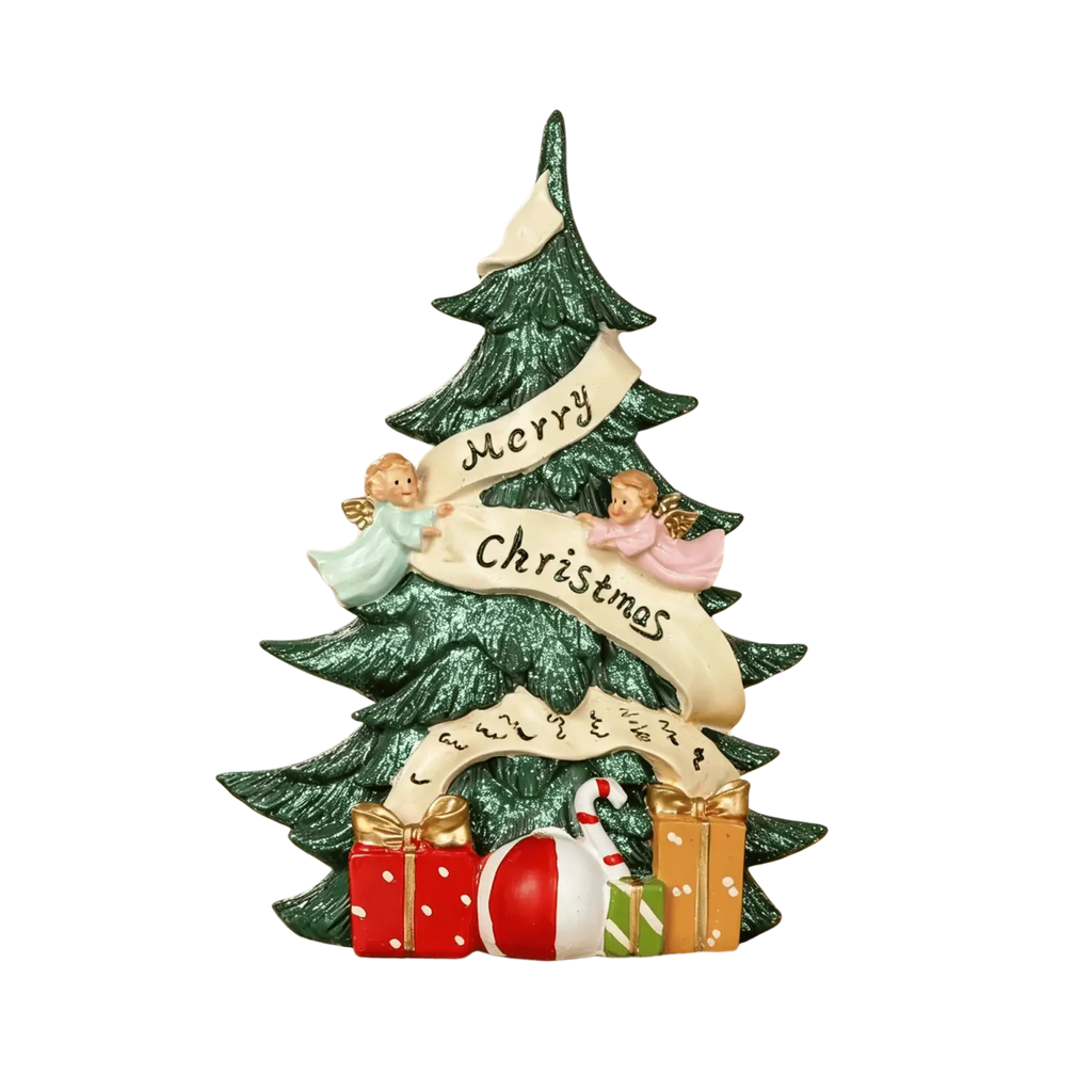 Green glittery resin christmas tree figurine with two angels holding merry christmas banner and festive gifts at base