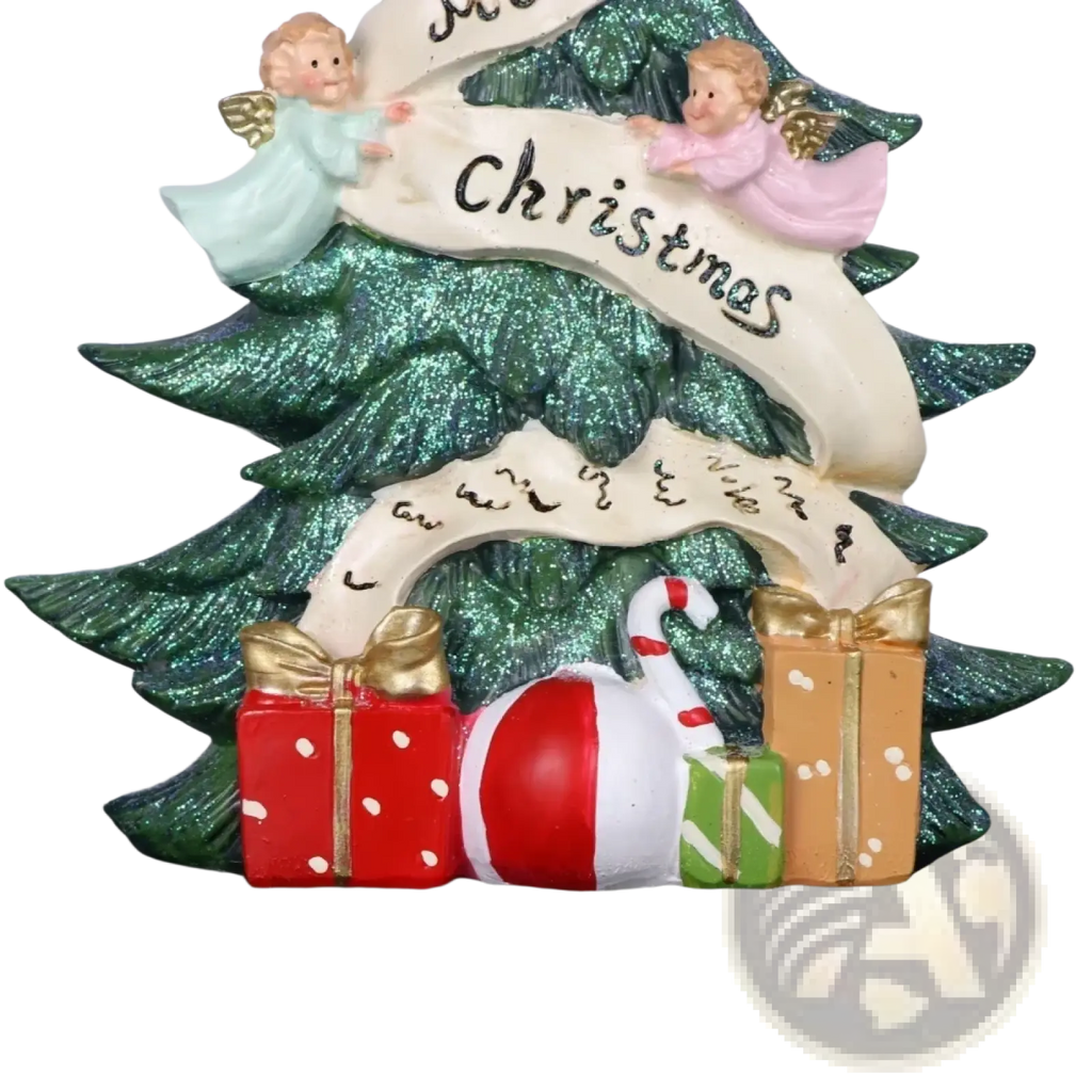 Glitter angel christmas tree resin figurine in green with two angels gifts candy cane and festive merry christmas banners
