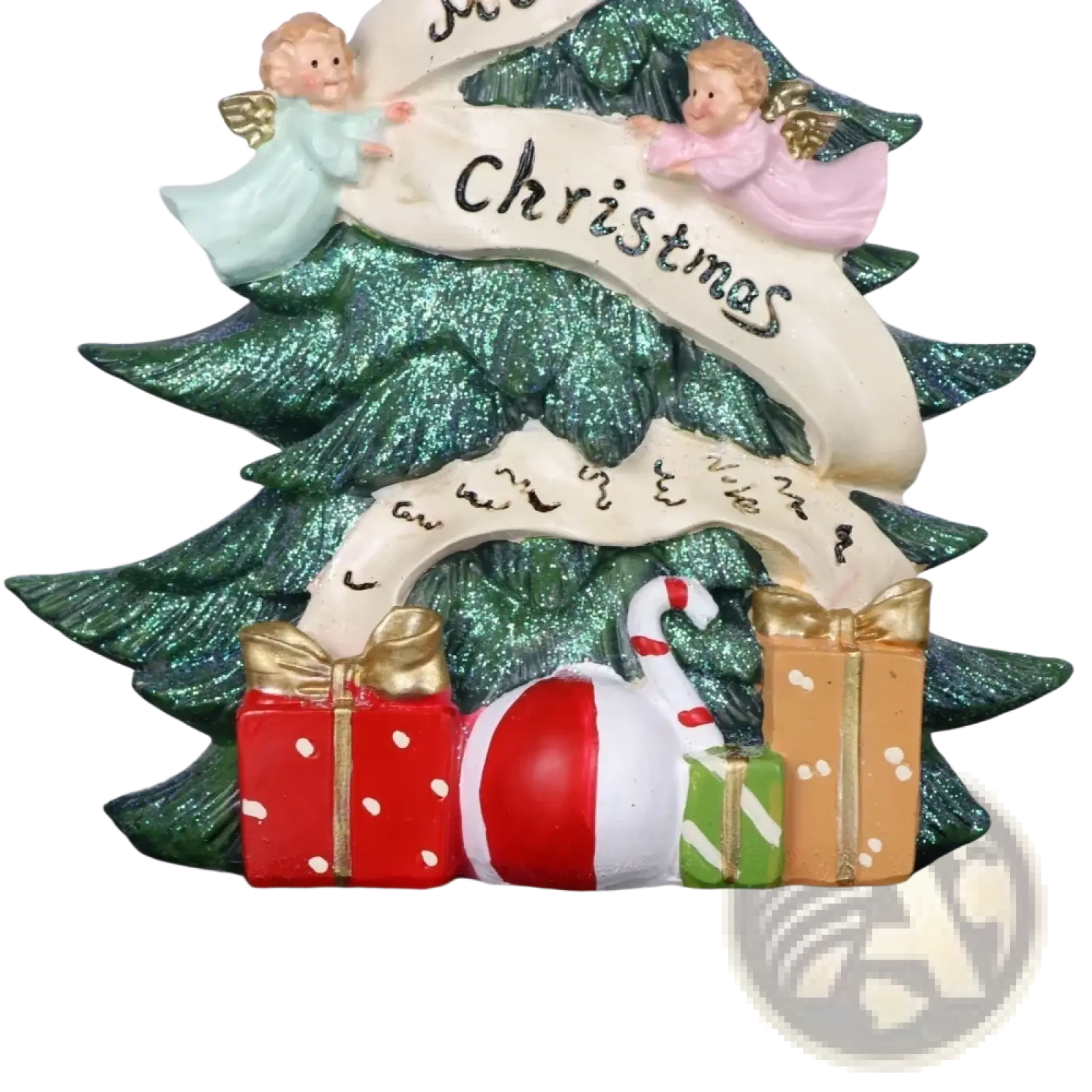 Glitter angel christmas tree resin figurine in green with two angels gifts candy cane and festive merry christmas banners