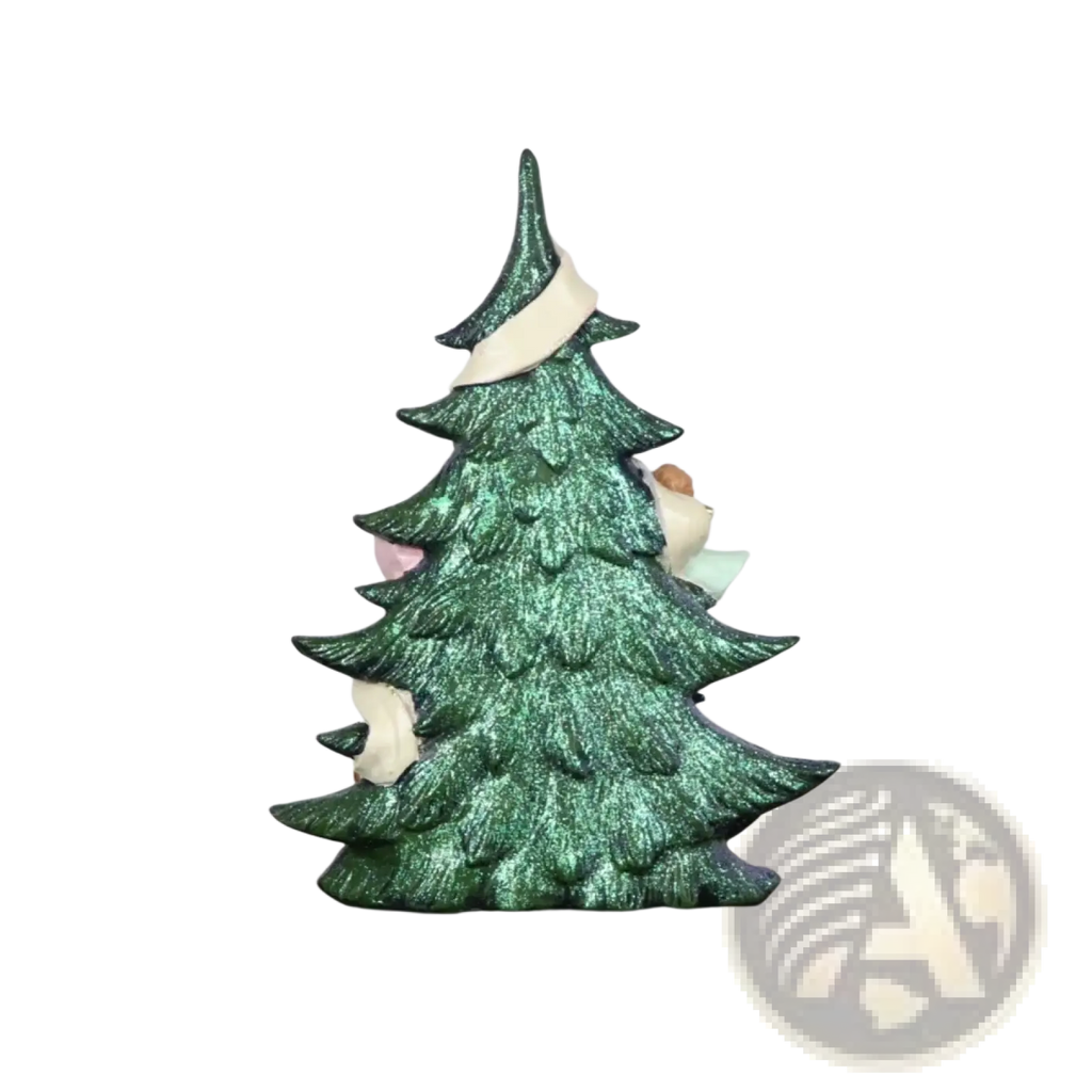 Glitter angel green resin Christmas tree figurine with glittery finish and cream ribbon wrapped around the top