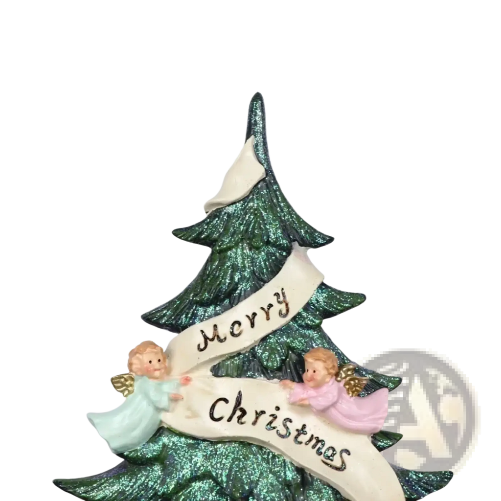 A glitter angel christmas tree resin figurine featuring a glittery green tree with two angels holding a merry christmas banner