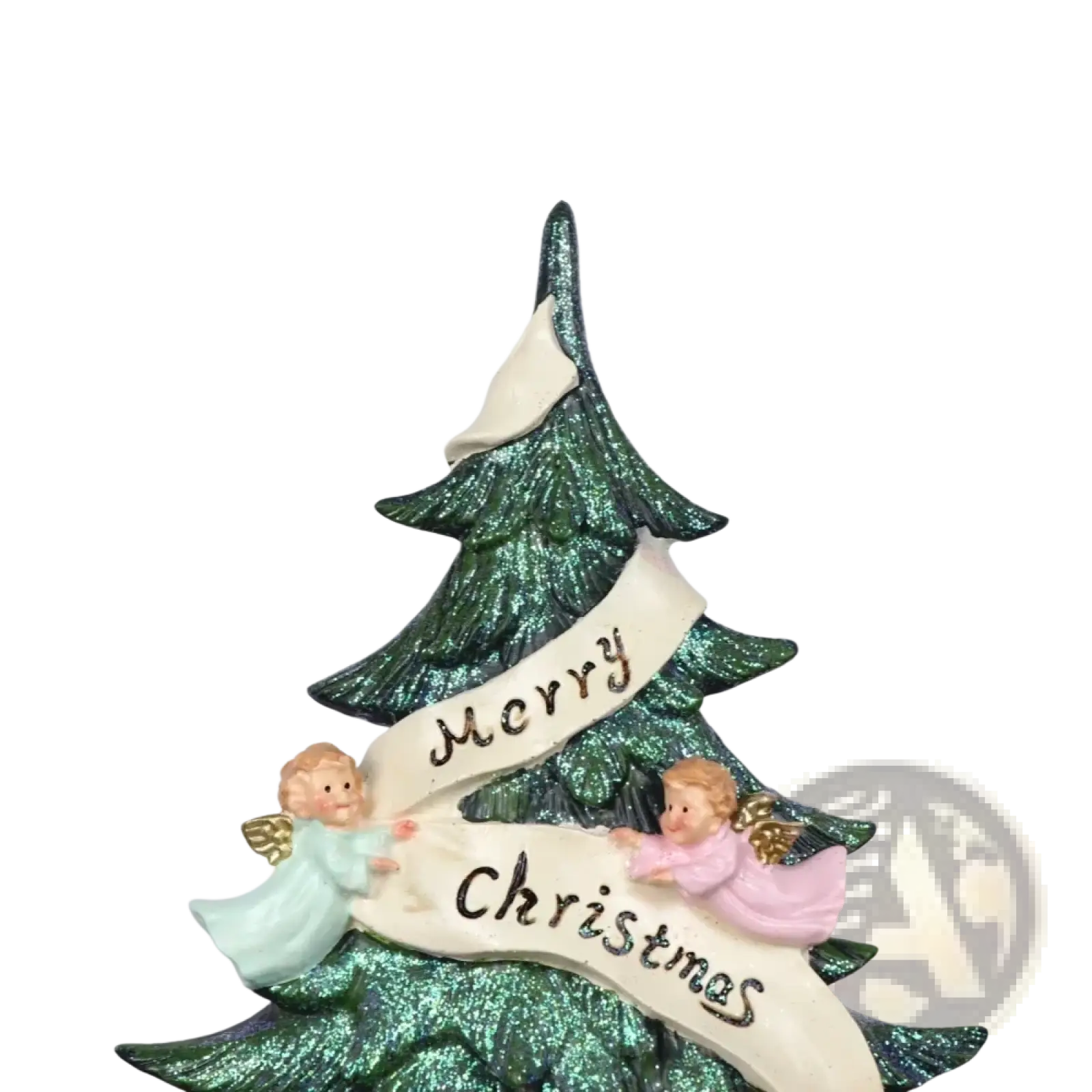 A glitter angel christmas tree resin figurine featuring a glittery green tree with two angels holding a merry christmas banner