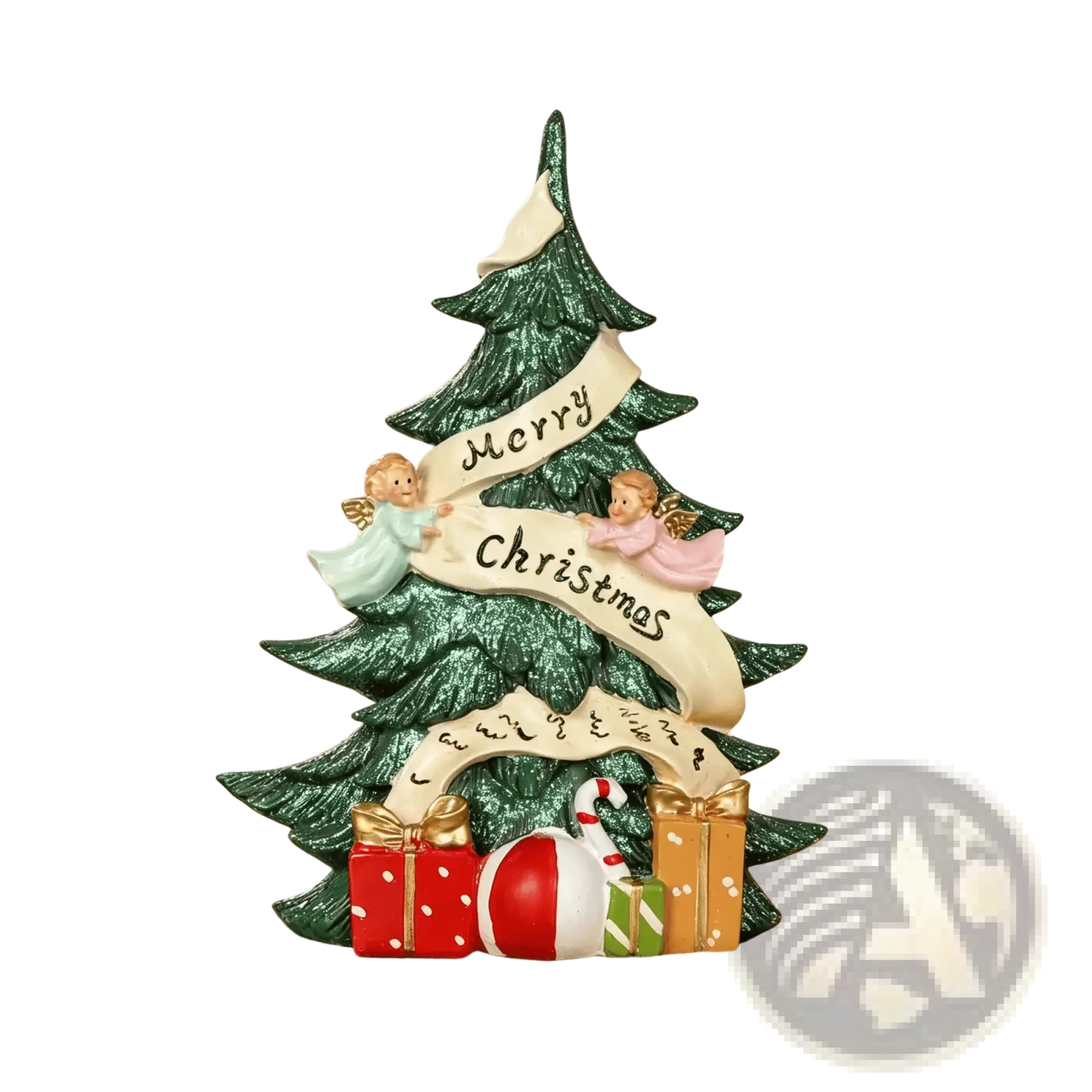 Green glittery resin christmas tree figurine with two angels holding merry christmas banner and festive gifts at base