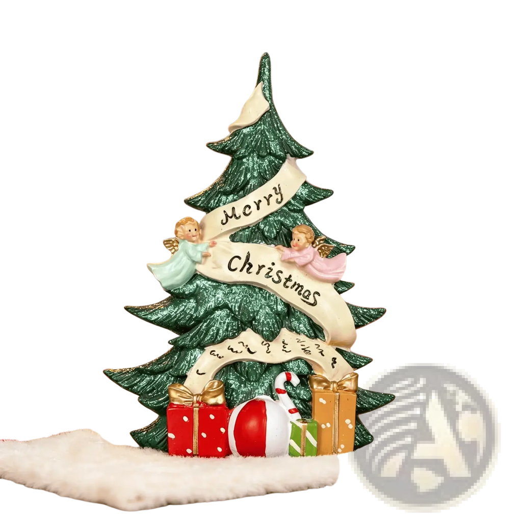 Green glittery resin angel Christmas tree ornament with two figurines holding merry Christmas banner and gift boxes